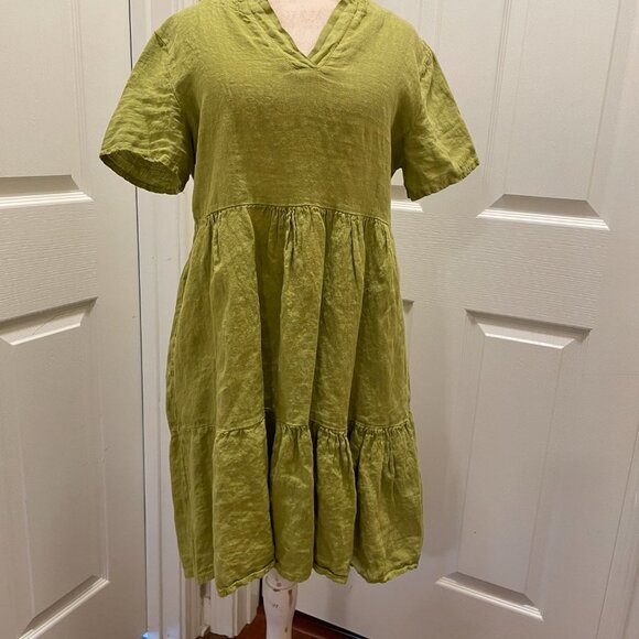 New Francesca Bettini 100% Linen Midi Dress Women's Size L Green Tiered Design - Picture 9 of 13